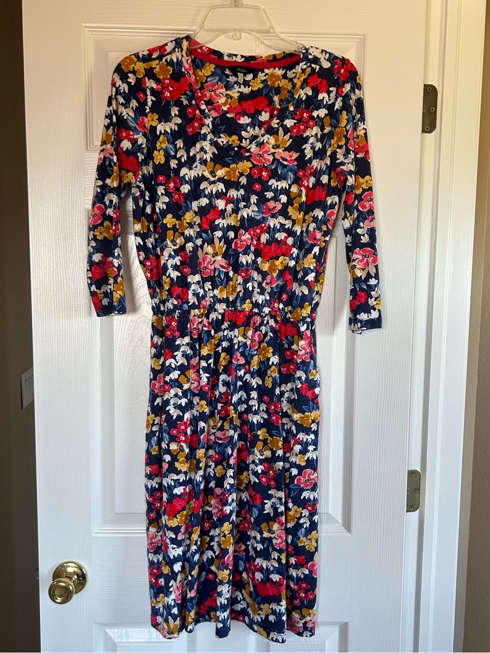 Joules Navy Floral Midi Dress with Pink, Mustard & White Print